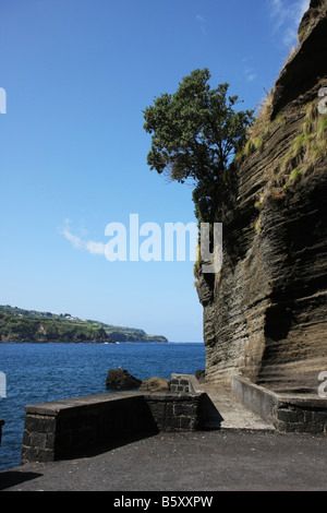 Eroded rocks at the fishing harbour, porto de pesca, Capelas, São Miguel, Azores Stock Photo