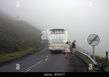 Foggy road above the Fire lake - Lagoa do Fogo, São Miguel, Azores, Portugal Stock Photo