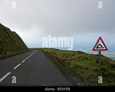 Warning sign at a road near the Fire lake - Lagoa do Fogo, São Miguel, Azores, Portugal Stock Photo