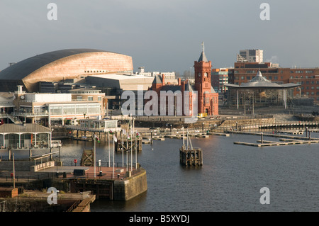 Cardiff Bay waterside early morning Pierhead Building Wales Millennium Centre and Welsh Assembly Government Senedd, UK Stock Photo