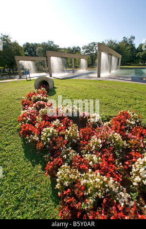 San Antonio's HemisFair Park, water fall fountain and flowering landscape Stock Photo