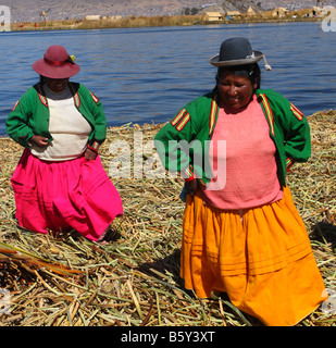 image of couple of woman on island of titicaca lake Stock Photo