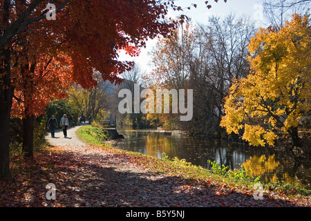 Canal path in Autumn in Lambertville, New Jersey Stock Photo