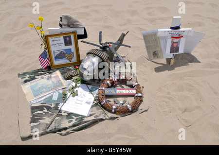 Personalized temporary memorial for fallen soldier in Iraq prepared at Arlington West on Santa Monica Beach Stock Photo