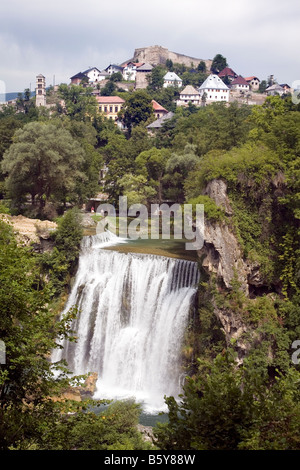 Bosnia and Herzegovina Jajce is a picturesque town just above spectacular waterfall of Pliva River emerging into Vrbas River Stock Photo