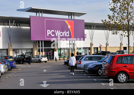 PC World retail park shopfront with rebranding fascia sign November 2008 seen from free car park Stock Photo