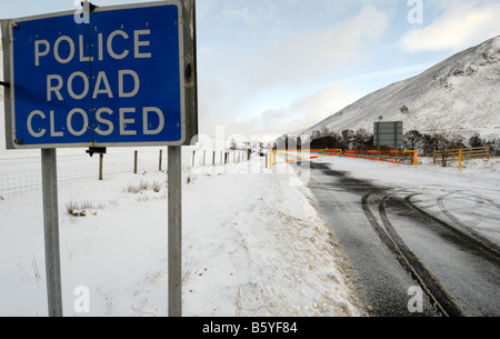 A93 Blairgowrie - Braemar road blocked by snow at the Spittal of Glenshee, Perthshire, Scotland Stock Photo