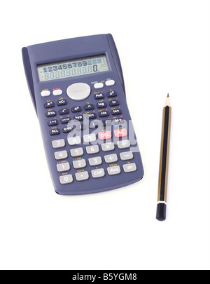 Scientific calculator and pencil on white background Stock Photo
