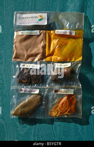 Grenada St George's market spice packet tourist souvenir nutmeg clove mace cinnamon bay leaf shopping Stock Photo