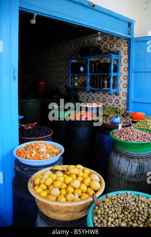 A market stall selling lemons, olives and pickled vegetables in Essaouira Morocco Stock Photo
