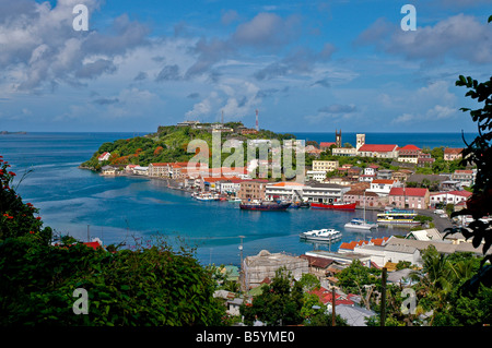 St. George's Grenada harbour carenage seen from above scenic landscape overview Stock Photo