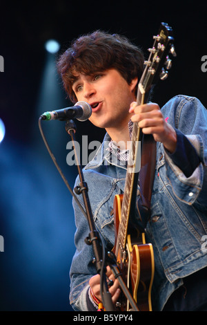 Vampire Weekend pop group band lead singer Ezra Koenig performing live on stage at Glastonbury Festival June 2008 Stock Photo