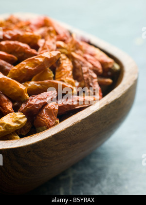 Dish of Dried Birds Eye Chilies Stock Photo