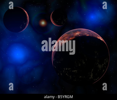 Three Alien Planets In orbit Near To Young Blue Stars Stock Photo