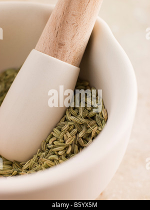 Fennel Seeds In A Pestle And Mortar Stock Photo