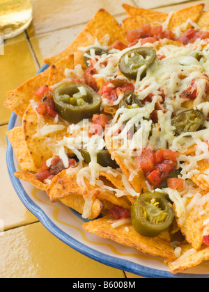Platter of Nachos with Salsa Jalapenos and Cheese Stock Photo