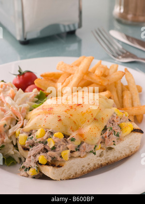 Open Tuna and Sweet corn Melt with Coleslaw and Fries Stock Photo