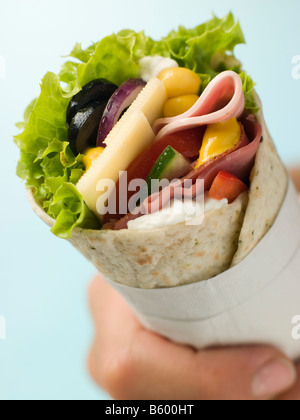 Open Deli Tortilla Wrap in a Napkin Stock Photo