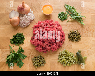 Steak Tartare With Ingredients Stock Photo - Alamy