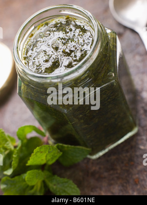 Jar of Mint sauce Stock Photo