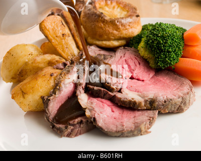Gravy being Poured on a plate of Roast Beef and Yorkshire Pudding