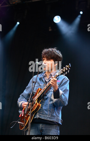 Vampire Weekend pop group band lead singer Ezra Koenig performing live on stage at Glastonbury Festival June 2008 Stock Photo