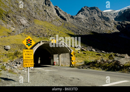 The eastern entrance to the Holmer Tunnel, on the Milford Sound road, Fjordland, South Island, New Zealand Stock Photo