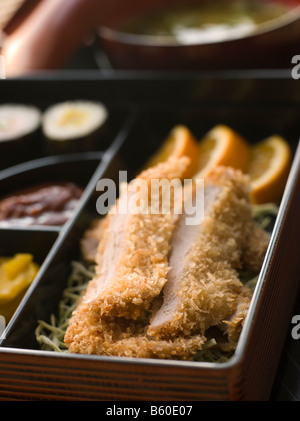 Tonkatsu Plated with Rice Miso Soup and Pickles Stock Photo