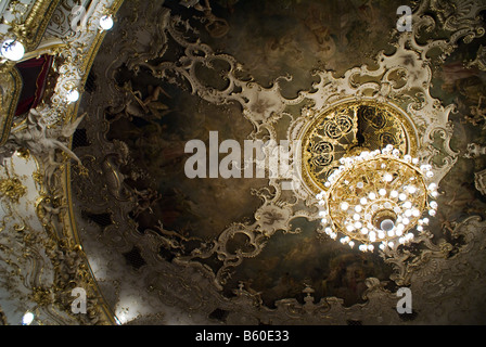 Chandelier and ceiling from the Prague State Opera. Prague, Czech Republic Stock Photo