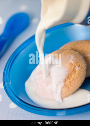 Two Malted Rusks in a Bowl with Milk Stock Photo