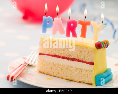 Party Candles on a Slice of Birthday Cake Stock Photo