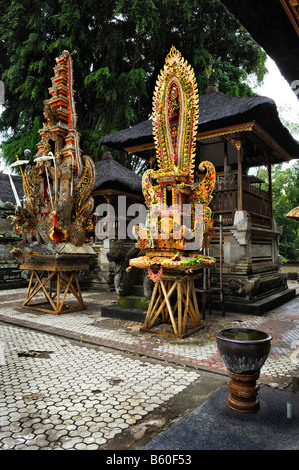 Offerings in Pura, temple, Samuan Tiga near Bedulu-Ubud, Bali, Indonesia, Southeast Asia Stock Photo