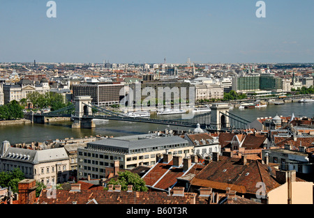 Széchenyi Chain Bridge, panoramic view from the Fisherman's Bastion, Budapest, Hungary, Europa Stock Photo