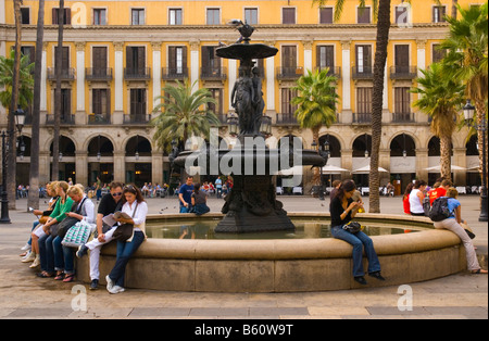 People at the fountain at Placa Reial in central Barcelona Spain Europe Stock Photo