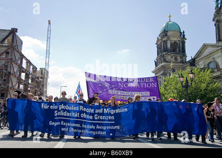 Protesters with banners in front of Berlin Cathedral protesting on the 15th anniversary of the amendment to the Basic Law of the Stock Photo