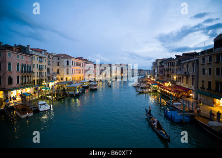 Rialto, from the Rialto Bridge over the Grand Canal at dusk, Venice, Veneto, Italy, Europe Stock Photo
