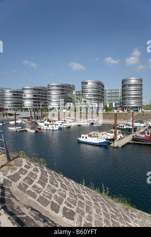 Sailboat marina, office complex "Five Boats", designed by the architect Nicholas Grimshaw, basin, Duisburg Stock Photo