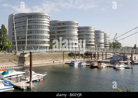Sailboat marina, office complex "Five Boats", designed by the architect Nicholas Grimshaw, basin, Duisburg Stock Photo