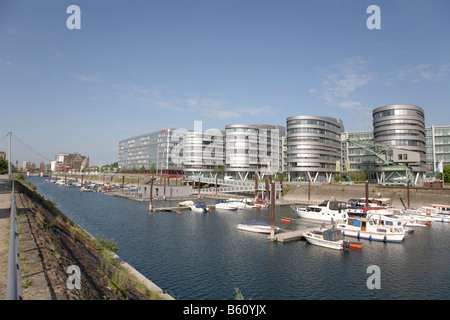 Sailboat marina, office complex "Five Boats", designed by the architect Nicholas Grimshaw, basin, Duisburg Stock Photo