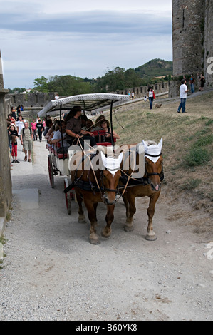 horses pulling a tourist train in the la cite carcassonne Stock Photo