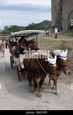 horses pulling a tourist train in the la cite carcassonne Stock Photo