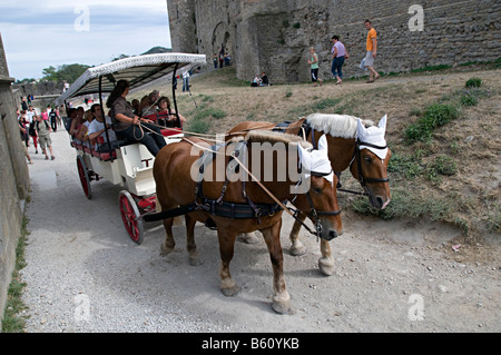 horses pulling a tourist train in the la cite carcassonne Stock Photo