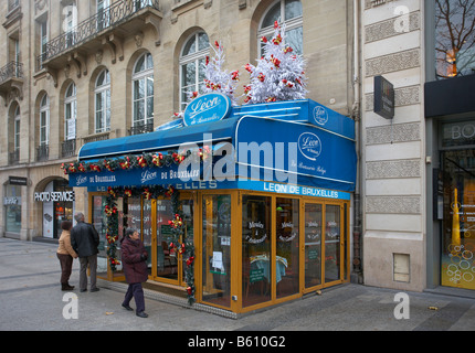 Leon de Bruxelles Belgian Brasserie at Christmas on Champs Elysees Paris France Stock Photo