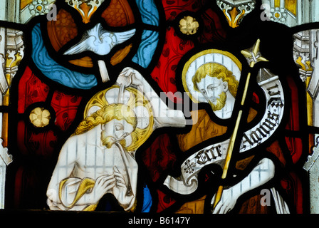 Jesus and an apostle in a church window, St. Andrew's Cathedral, Gothic cathedral, Wells, Mendip, Somerset, England Stock Photo