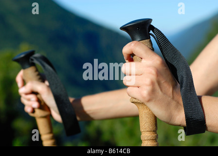 Hands holding hiking sticks, detail, young woman hiking in the mountains, forest, Stubaital Valley, Tyrol, Austria, Europe Stock Photo