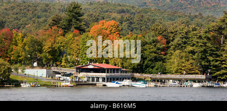 The Boardwalk Marina at Lake George New York in the the Adirondack State Park in the Village of Lake George. Stock Photo