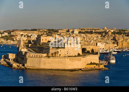 Fort San Angelo, Vittoriosa, The Three Cities from La Valletta with Grand Harbour, Malta, Europe Stock Photo