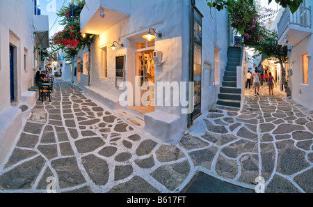 Panorama of an alley in Mykonos, Cyclades, Greece, Europe Stock Photo