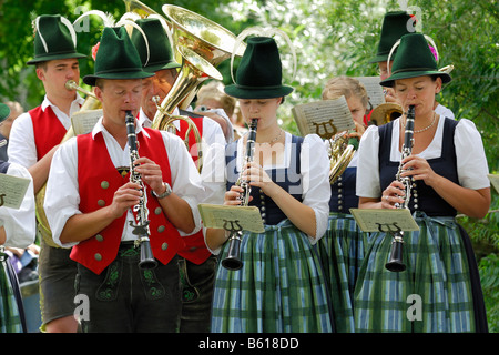 Musicians of the Niklasreuth brassband wearing traditional costumes at the Alt-Schliersee churchday, Lake Schliersee Stock Photo