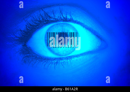 Detail picture of an eye with barcode EAN, European Article Number, on the iris, symbolic picture representing glass science Stock Photo